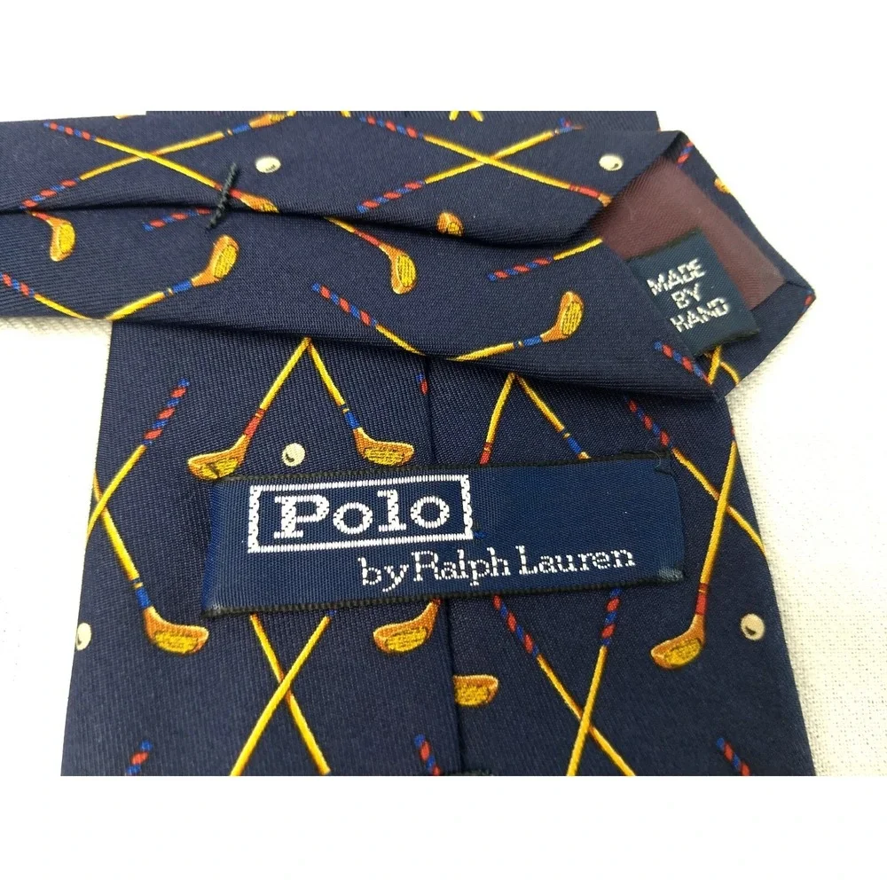 Polo Ralph Lauren 100% Silk Tie Handmade‎ Navy & Tan Golf Clubs Ball USA Vintage